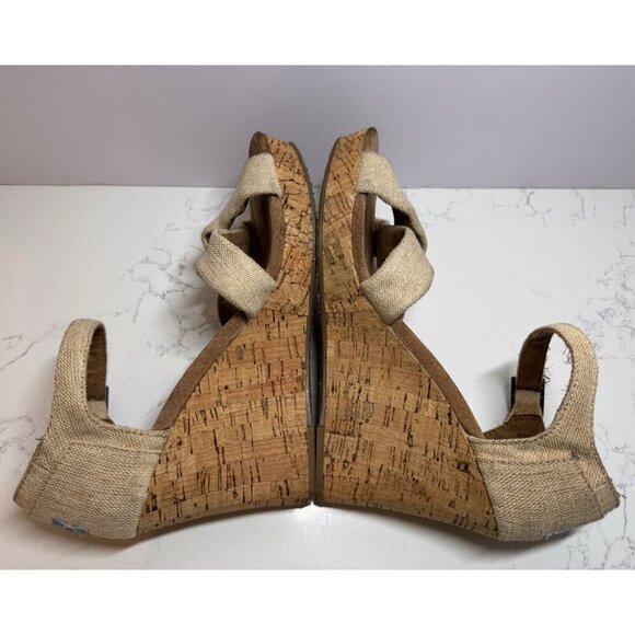 TOMS Sienna Wedge Sandals Women’s Size 9.5 Canvas Crisscross Open Toe Cork Tan - Picture 10 of 11